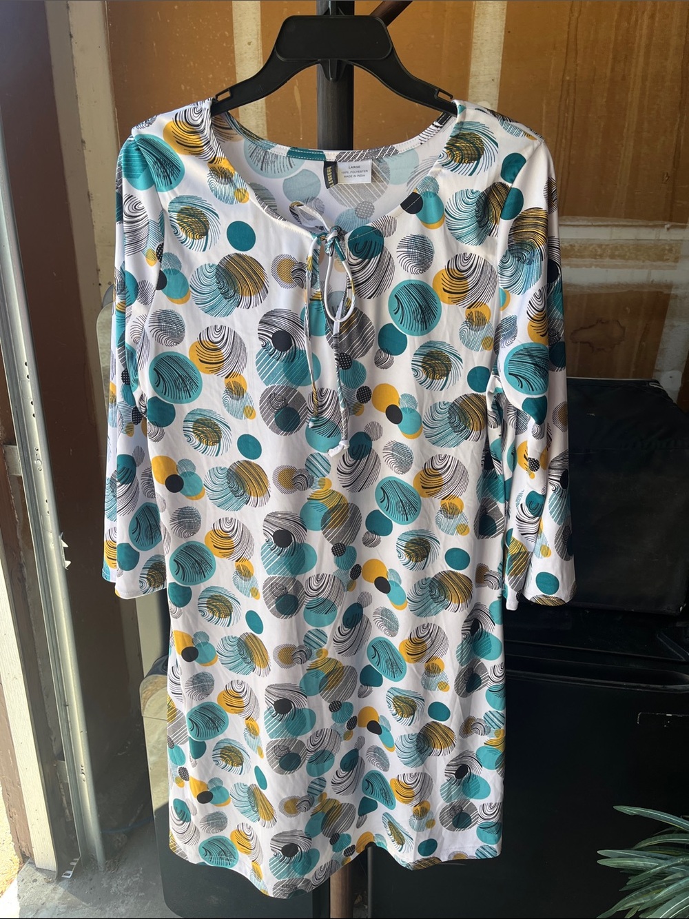 Women’s Teal & Yellow Dot-Print Knee-Length Long-Sleeve Dress with Tie Neck